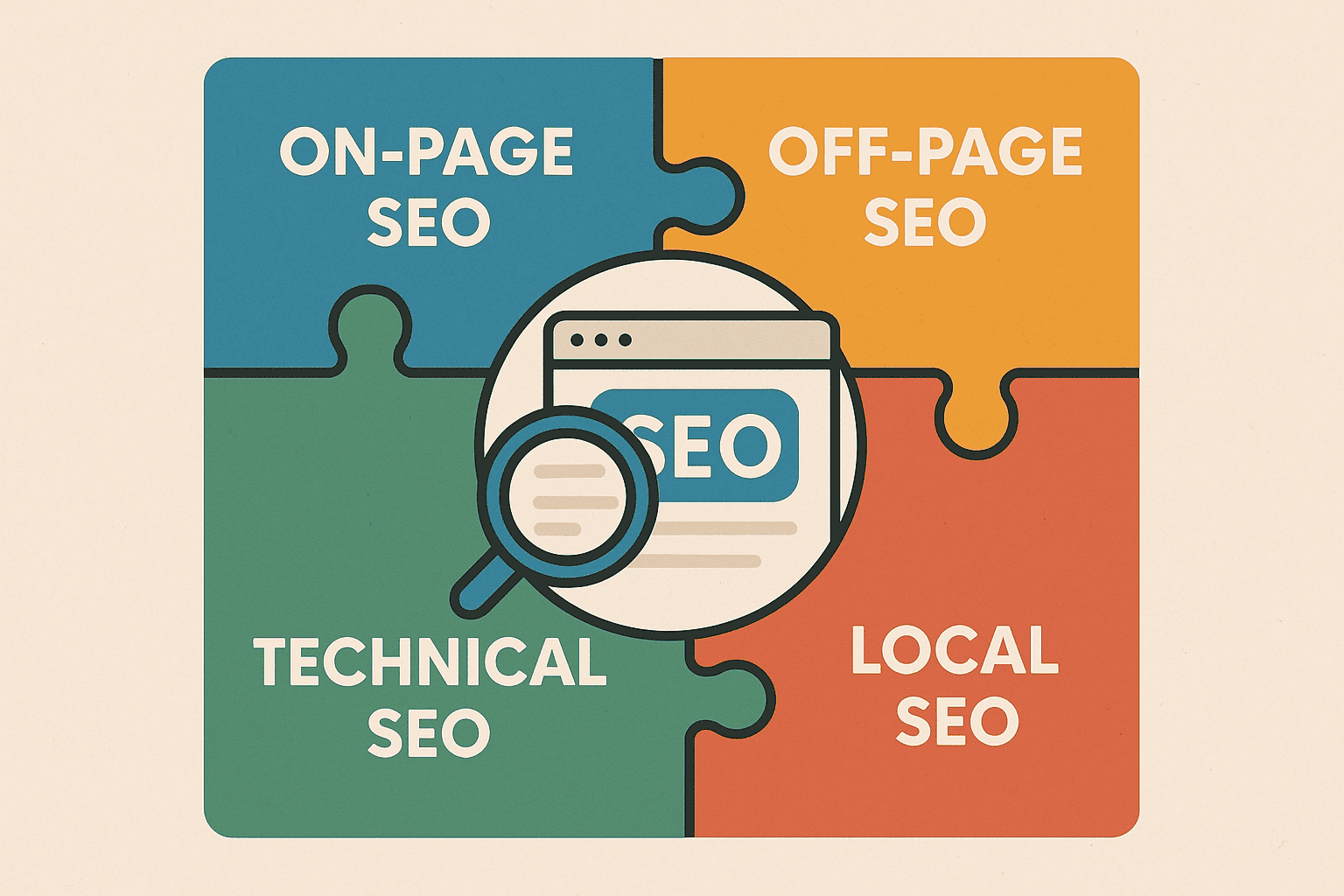 Illustration showing four puzzle pieces labeled On-Page, Off-Page, Technical, and Local SEO, fitting together around a central SEO browser icon.